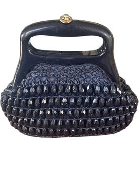 Vintage Navy Blue Weaved Raffia & Beaded Lucite Handle Handbag